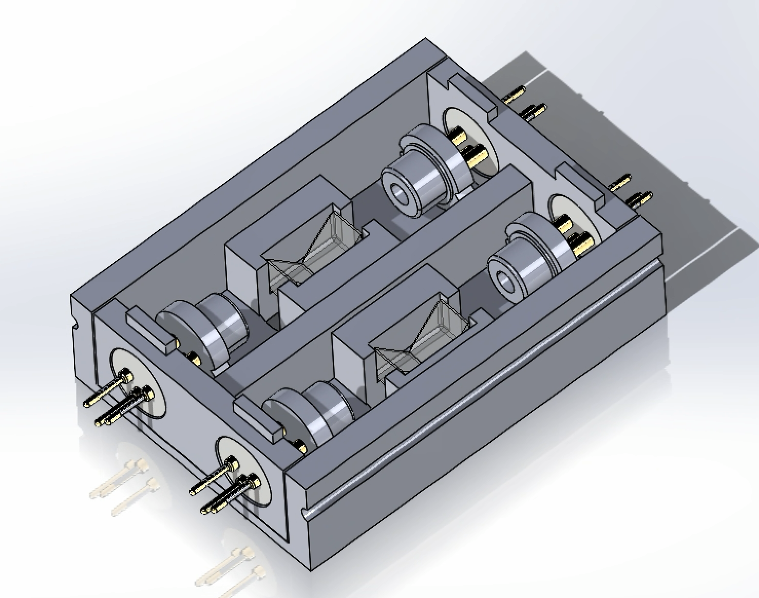 CAD model of the assembled snap fit enclosure, including prisms, laser diodes, and laser diode connectors